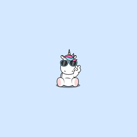 Cute unicorn with sunglasses sitting and doing victory sign, vector illustrationのイラスト素材