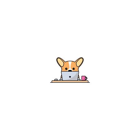 Cute welsh corgi dog working on a laptop, vector illustrationのイラスト素材
