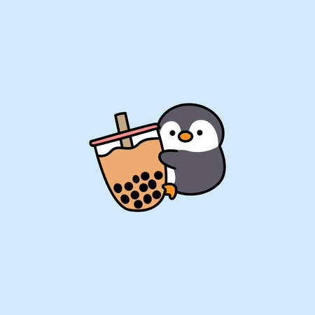 Cute penguin loves bubble tea cartoon, vector illustrationのイラスト素材