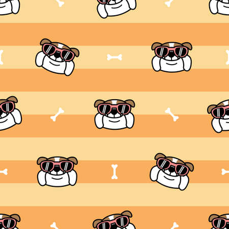 Cute english bulldog with sunglasses cartoon seamless pattern, vector illustrationのイラスト素材