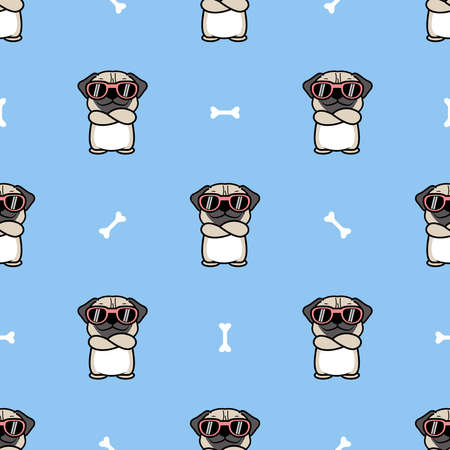 Cute pug dog with sunglasses crossing arms cartoon seamless pattern, vector illustrationのイラスト素材