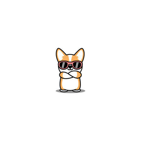 Cute welsh corgi dog with sunglasses crossing arms cartoon, vector illustrationのイラスト素材