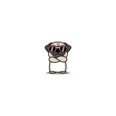 Cute pug dog with sunglasses crossing arms cartoon, vector illustrationのイラスト素材