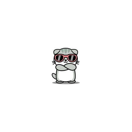 Cute scottish fold cat with sunglasses crossing arms cartoon, vector illustrationのイラスト素材
