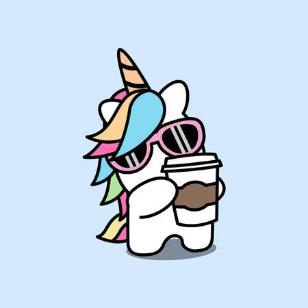 Cute unicorn with coffee cartoon, vector illustrationのイラスト素材