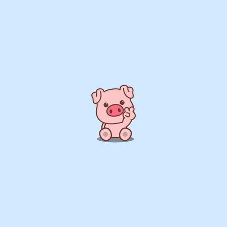 Cute pig sitting and showing V sign hand cartoon icon, vector illustration&#xA;のイラスト素材