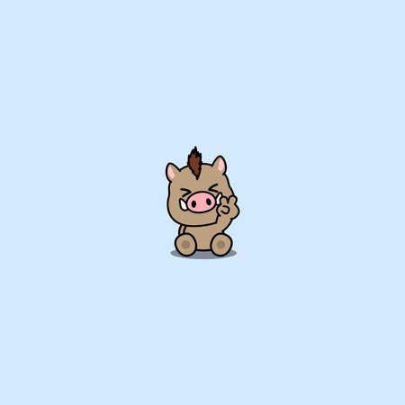Cute wild boar sitting and showing V sign hand cartoon, vector illustration&#xA;のイラスト素材