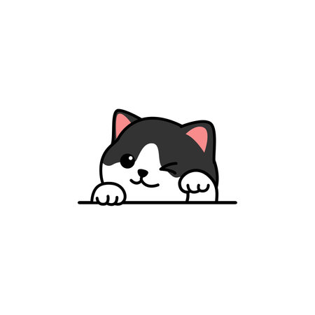 Cute black and white cat waving paw cartoon, vector illustrationのイラスト素材