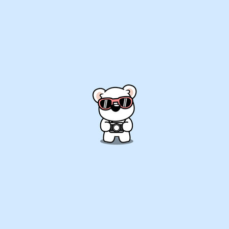 Cute polar bear with sunglasses and camera cartoon, vector illustrationのイラスト素材