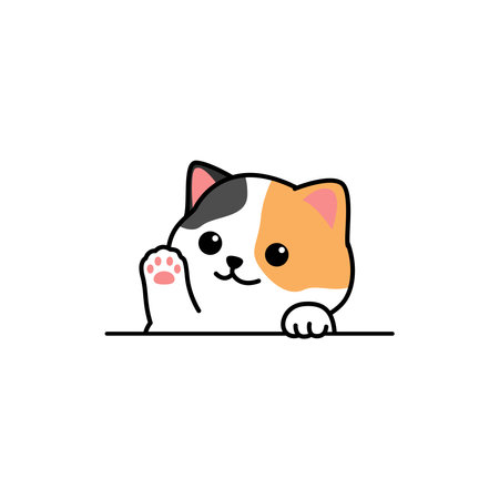 Cute calico cat waving paw cartoon, vector illustrationのイラスト素材