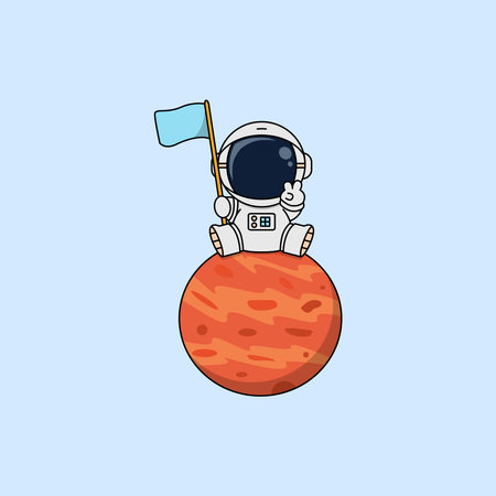 Cute astronaut with flag sitting on planet cartoon, vector illustrationのイラスト素材