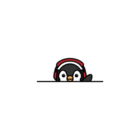 Cute penguin with headphone peeking and waving wing cartoon, vector illustrationのイラスト素材