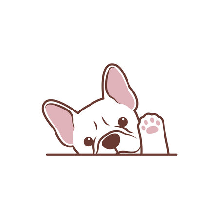Cute white french bulldog puppy waving paw cartoon, vector illustrationのイラスト素材