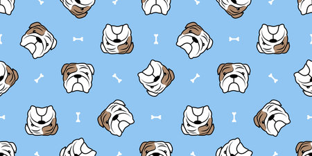 Cute bulldog face with bone cartoon seamless pattern, vector illustrationのイラスト素材
