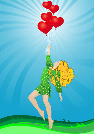 A girl in a beautiful dress flying in hot air balloons in the shape of a heart on a background of green grass and skyのイラスト素材