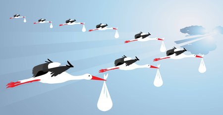 storks carrying babies in the early morning skyのイラスト素材