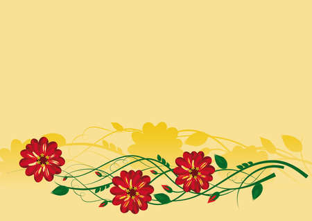 Red flowers with buds and leaves on golden yellow backgroundのイラスト素材