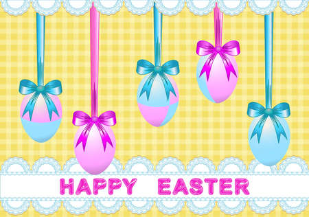 Easter decor of painted eggs for ribbons and the lace in pastel colorsのイラスト素材