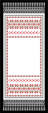 old traditional towel embroidered with a cross of red and brown thread on white fabric with white fringeのイラスト素材