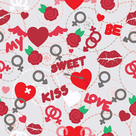valentine seamless pattern wallpaper with hearts, flowers and signsのイラスト素材