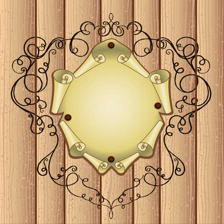 patterned frame with parchment on wooden backgroundのイラスト素材