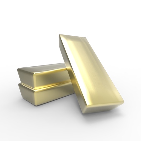This is a 3d illustration of gold bars on white background の写真素材
