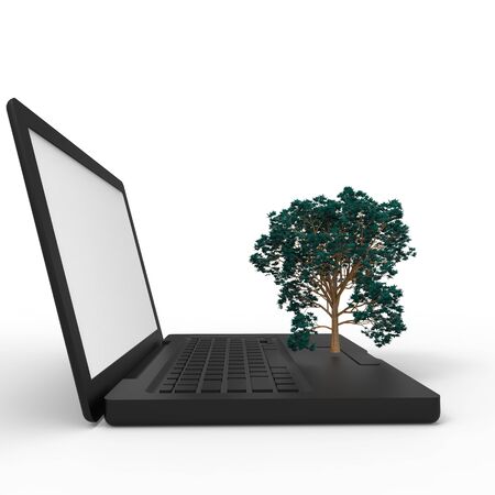  3d illustration of a tree growing on a laptopの写真素材