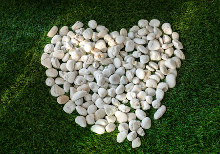 stones in shape of heart, on grass backgroundの写真素材