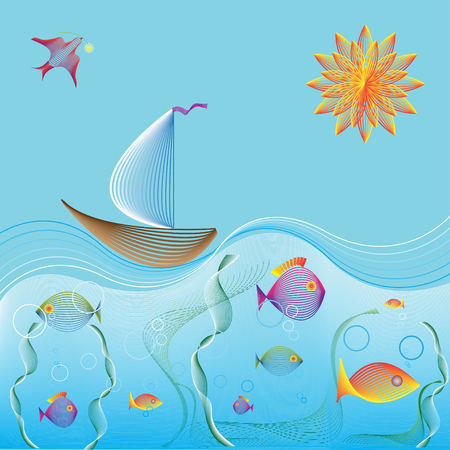 illustration of nautilus with under waterlifeのイラスト素材