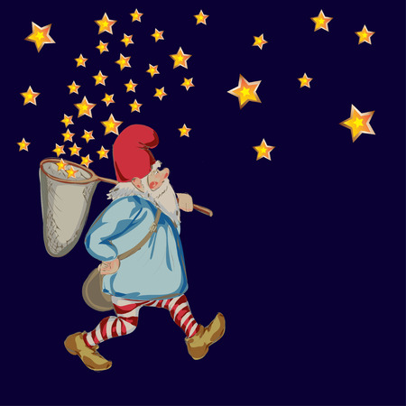 illustration of dwarf with hoop net and stars in nghtのイラスト素材