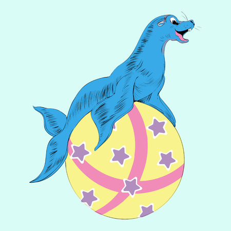 sketch colored ilustration of sea lion on the ballのイラスト素材