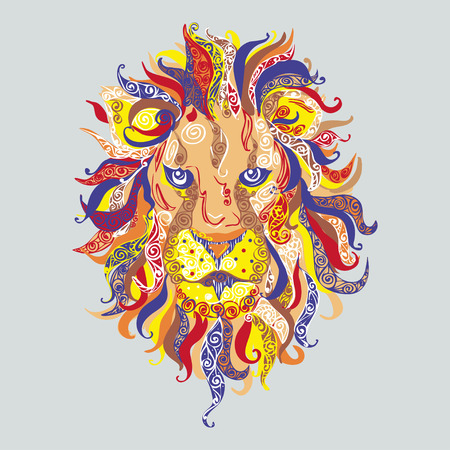 colored portrait of male lion head with ethnic patternのイラスト素材