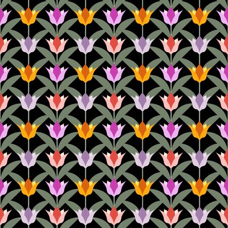 seamless texture with geometric colored tulips on the black backgroundのイラスト素材