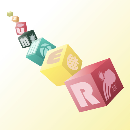 composition of toy cubes with letters summer and flat symbols of summerのイラスト素材