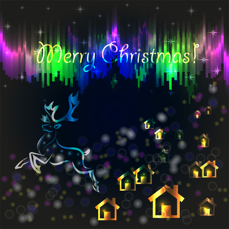 Christmas card with polar lights and polar deerのイラスト素材