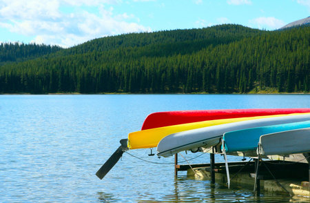 Colourful canoes on dock,maligne lake,jasper,Alberta,Canadaの写真素材