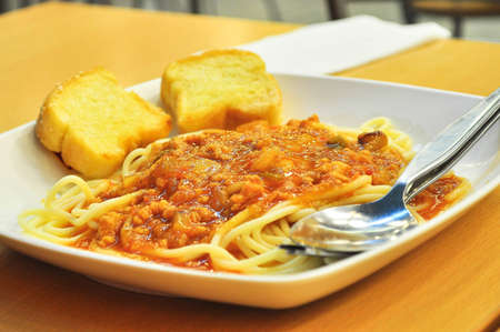 Spaghetti and Garlic breadの写真素材