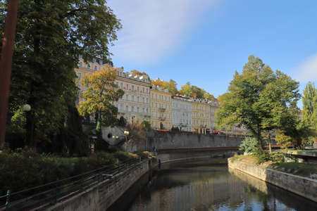 CZECH REPUBLIC, KARLOVY VARY, NABR. J. PALACHA, OCTOBER 04, 2018: Row of Houses at the Tepla riverのeditorial素材