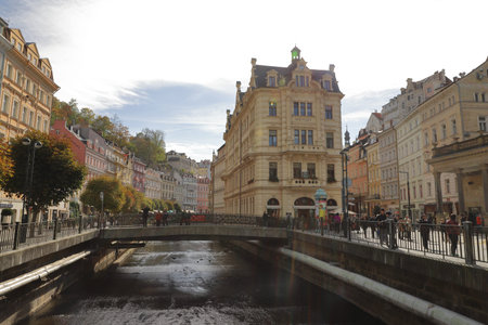 CZECH REPUBLIC, KARLOVY VARY, MLYNSKE NABR. - VRIDELNI, OCTOBER 04, 2018: The river Tepla between Mlynske nabr. and Vridelni near Spring N7 "Rusalka"のeditorial素材