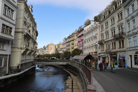 CZECH REPUBLIC, KARLOVY VARY, VRIDELNI, OCTOBER 04, 2018: Pedestrian zone 'Vridelni' and river Tepla in the city center of Karlovy Varyのeditorial素材