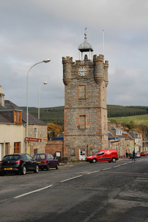 SCOTLAND, MORAY, DUFFTOWN, CONVAL STREET - OCTOBER 13, 2014: The Clock Tower in the center of...