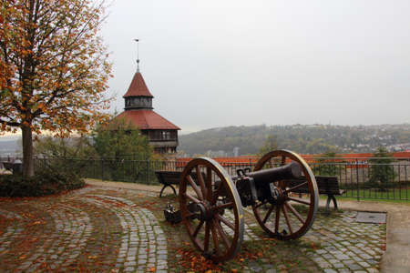 GERMANY, ESSLINGEN AM NECKAR, OCTOBER 24, 2017: Cannon on the square of Esslingen Castle, in front of the Big Tower.のeditorial素材