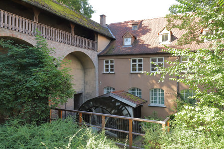 GERMANY, AUGSBURG - AUGUST 18, 2019: Water wheel at the Vogelturm in Augsburg