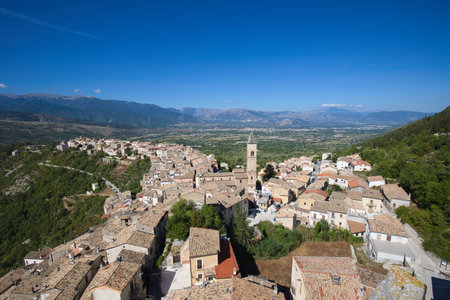 View from a tower of the castle Cantelmo-Caldora down to Pacentro in the province of L'Aquila in Italy.の写真素材