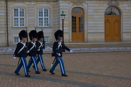 Denmark, Copenhagen - July 03, 2023: Changing of a group of the Royal Guard at Amalienborg Palace.のeditorial素材