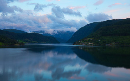 View of the Hardangerfjord, seen from Ulvik at twilight.の写真素材