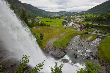 View from the Steinsdalsfossen waterfall down into the valley.の写真素材