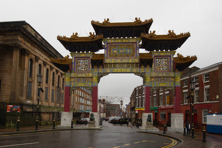 England, Liverpool - January 02, 2024: The Chinese Arch in Nelson Street is the tallest Chinese Arch in Europe.のeditorial素材