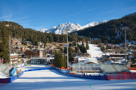 Italy, Madonna Di Campiglio - December 18, 2023: Finish slope into the ski stadium.