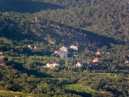 Houses in the wooded mountains in summer on a sunny day